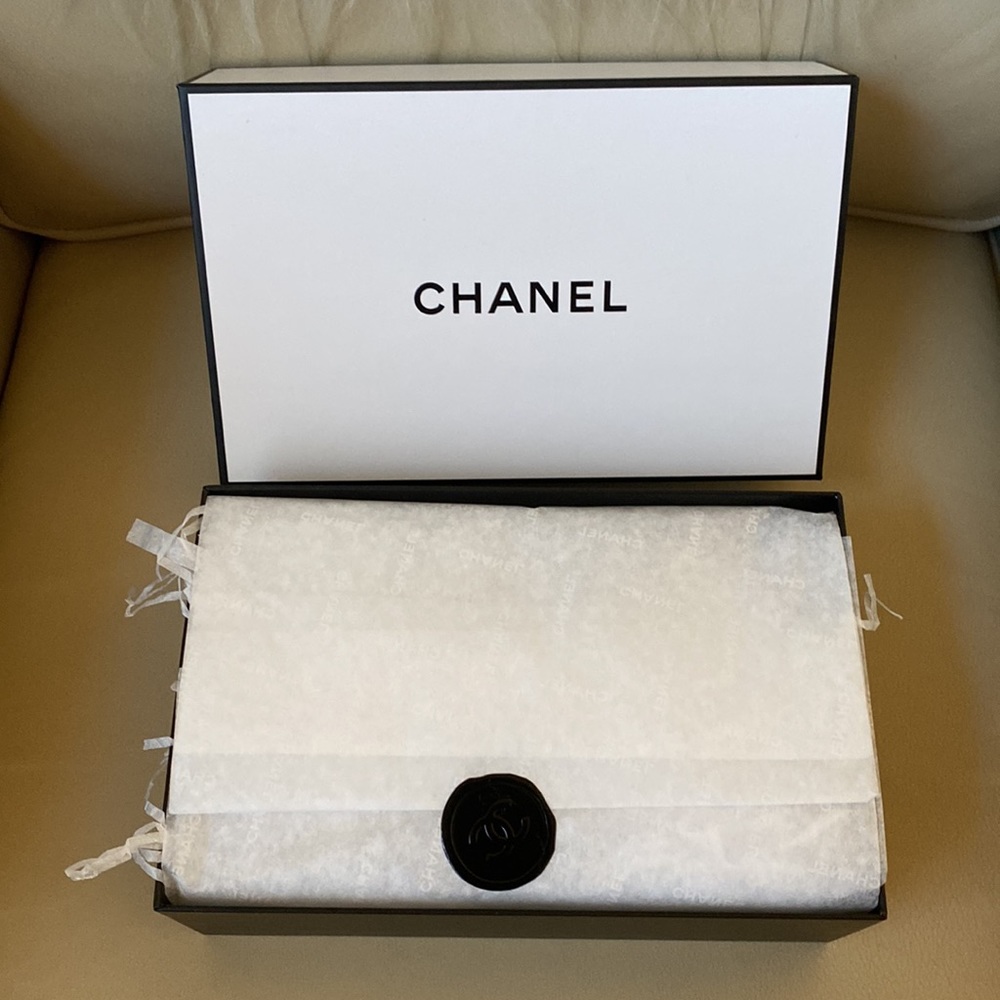 Chanel gift box w tissue paper, stuffing & sticker